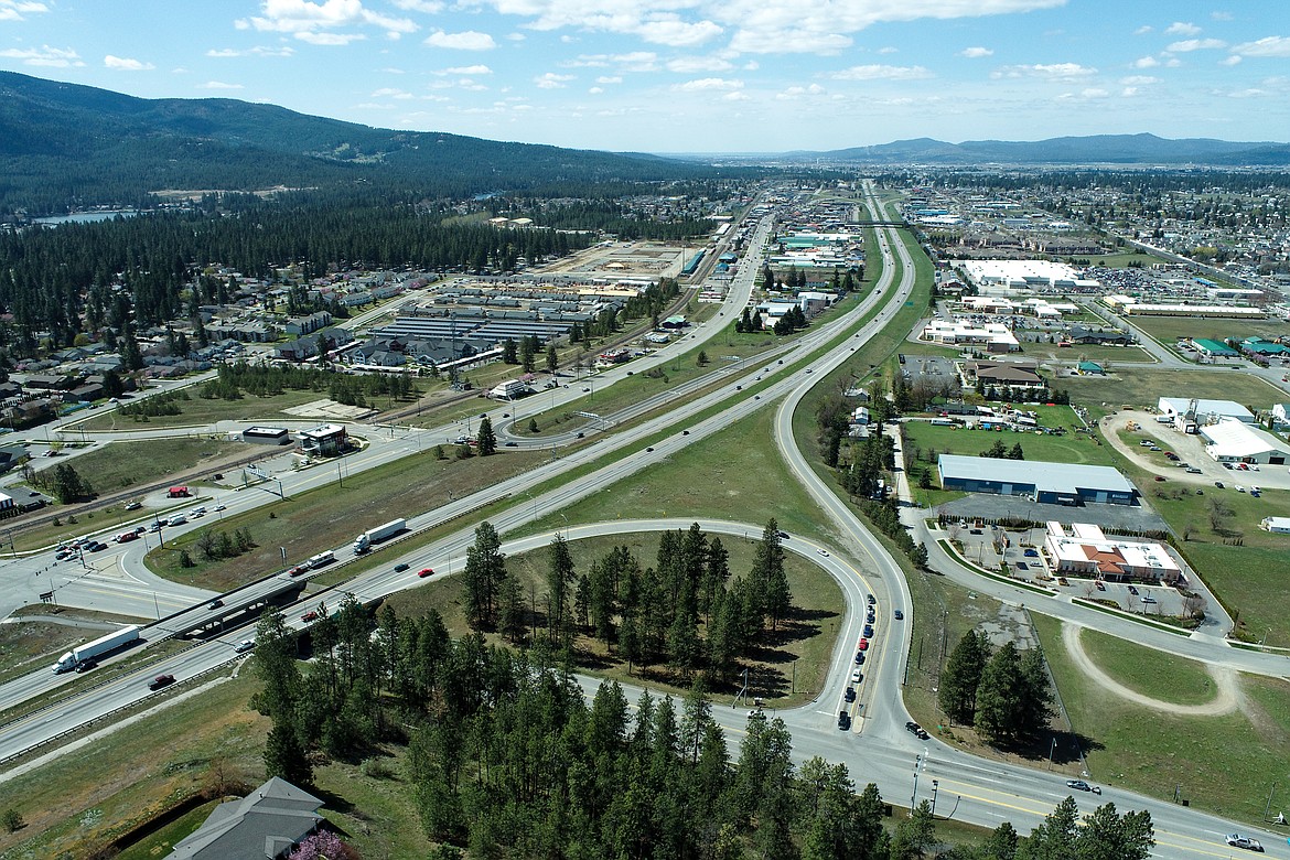 This aerial view shows the current Interstate 90 interchange at Highway 41 in Post Falls. The looping westbound offramp will be straightened as part of the project.