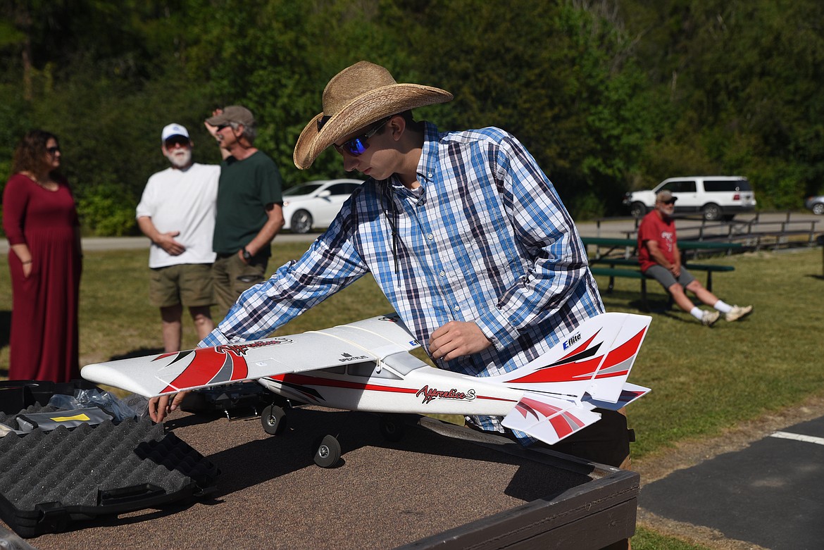 Adrian Dunsworth of Libby prepares to fly one of his remote control airplanes Saturday, July 22, 2022, at the Kootenai RC Flying Field. Dunsworth is a member of the local club. (Scott Shindledecker/The Western News)