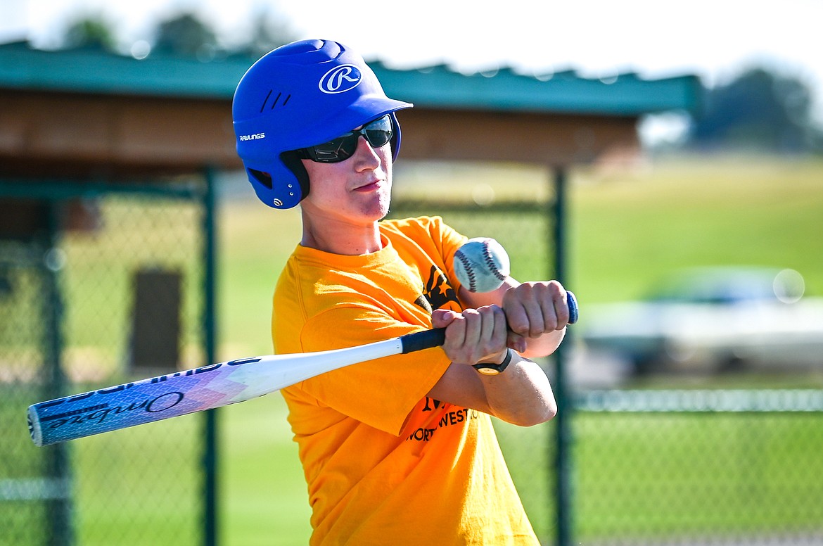 Vincent Hargrove with the Pirates connects on a pitch against the Angels Grey during a Miracle League of Northwest Montana game at Kidsports Complex on Tuesday, July 26. (Casey Kreider/Daily Inter Lake)