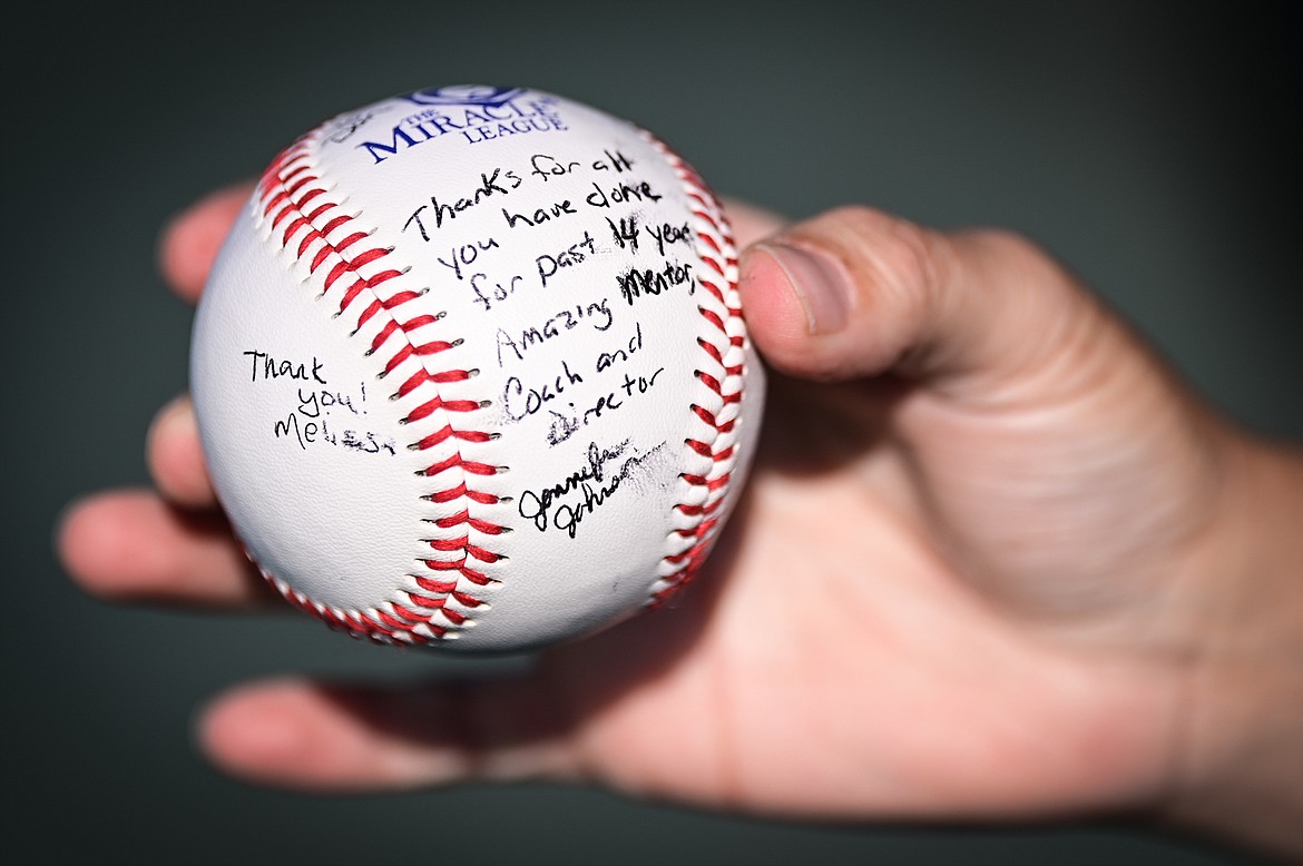 A baseball full of signatures, thank-yous and well wishes for Miracle League of Northwest Montana founder Dan Johns. (Casey Kreider/Daily Inter Lake)