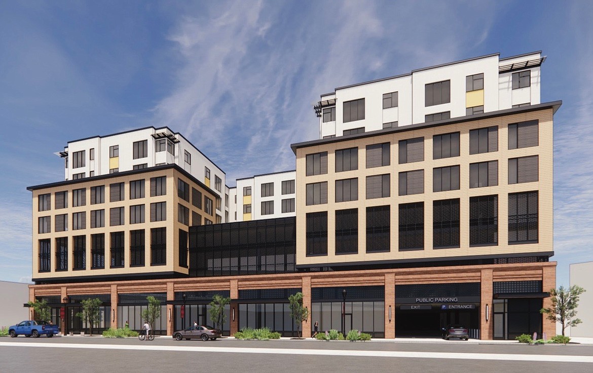 An artist by A&E Design rendering shows an eight-story parking garage and multi-family housing project proposed by the Montana Hotel Dev Partners for the city parking lot at First Street West and First Avenue West.