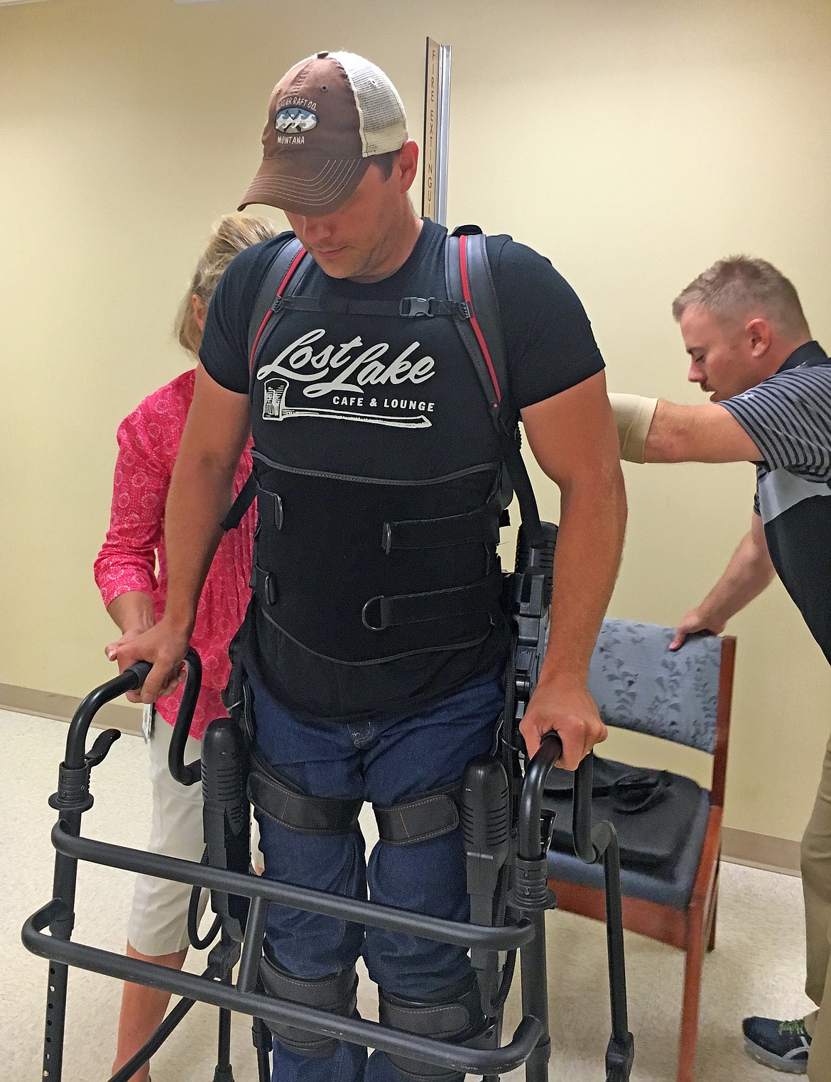 Chris Owens is pictured in an Exoskeleton — a state-of-the-art wearable robotic that assists in gait training and mobility for those who have lost their ability to walk due to stroke, injury, multiple sclerosis, and more. With the assistance of the Exoskeleton and wrist canes, Owens was able to walk for the first time in over a decade.