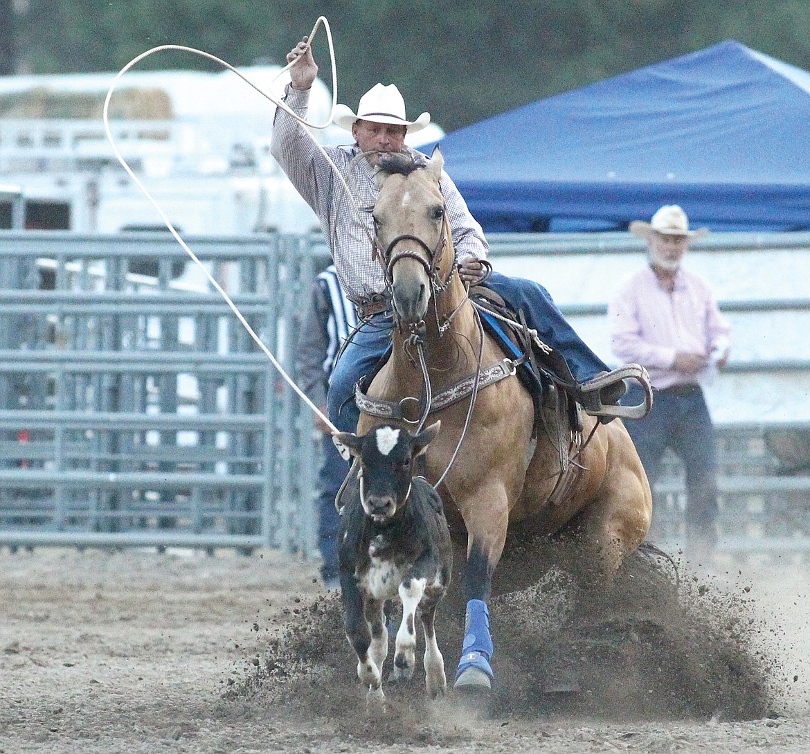 Cut Bank's Chad Johnson with a time of 15.5 in the tie down roping Friday evening at the Kootenai River Stampede. (Paul Sievers/The Western News)