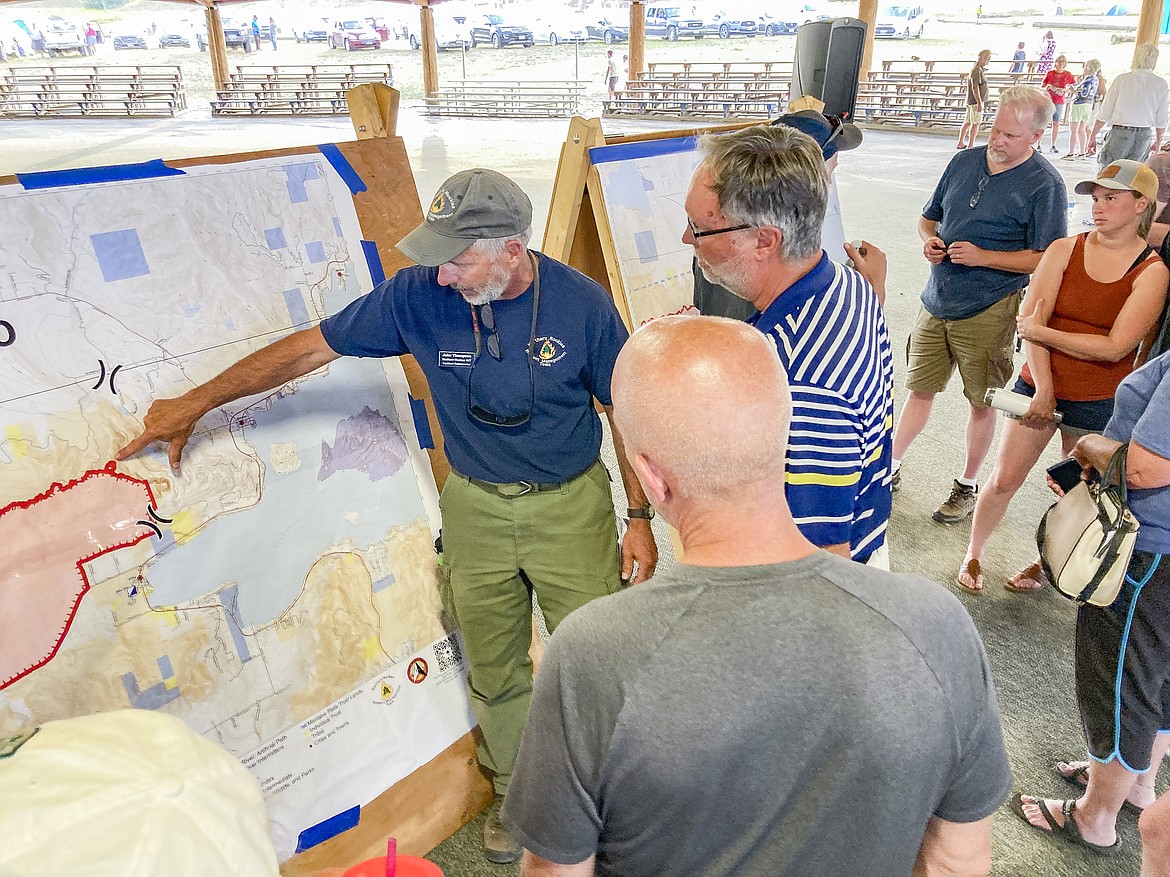 John Thompson, Northern Rockies Incident Management Team 7A commander, answers questions about the Elmo 2 Fire during a meeting Aug. 1 at the Elmo Pow Wow Grounds. (Rob Zolman/Lake County Leader)