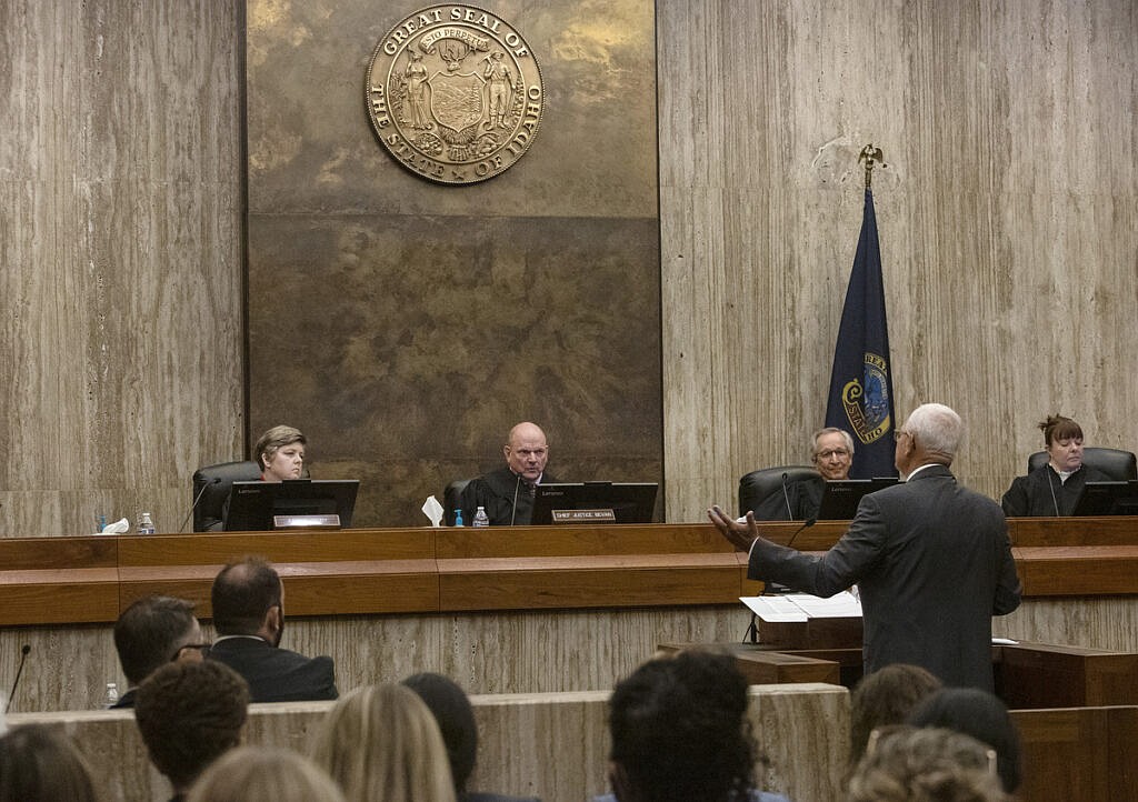 Monte Neil Stewart of Las Vegas, representing the Idaho Legislature, speaks to the Idaho Supreme Court regarding proceedings for two lawsuits pertaining to Idaho abortion laws on Wednesday.