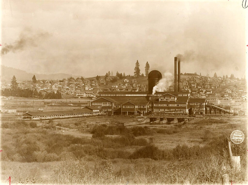 This photograph taken between Sept. 28 and Oct. 4, 1913, shows the Potlatch sawmill, with the town of Potlatch in the background.