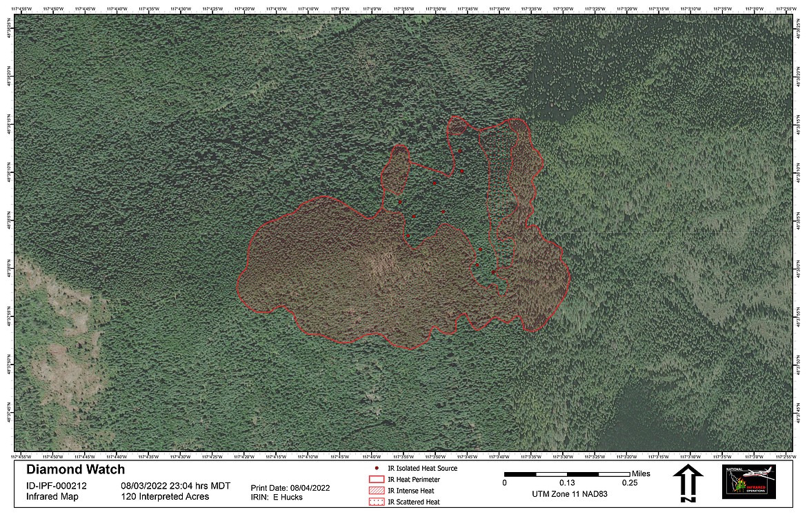 A infrared map shows the outlines of the Diamond Watch Fire in Pend Oreille County, Wash. Estimated at 120 acres, the fire was started by lightning in mid-July.