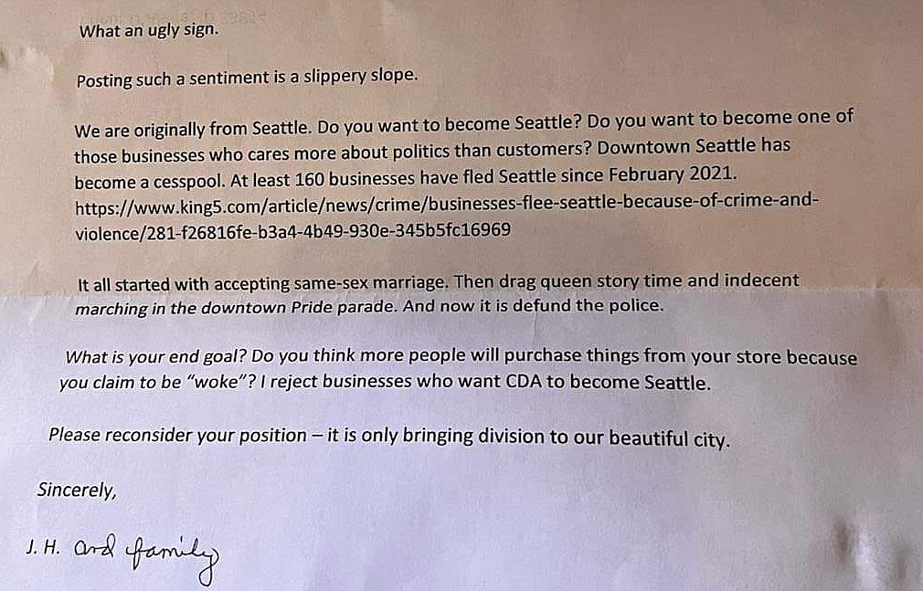 Several downtown businesses received a copy of the letter pictured here, criticizing the North Idaho Rejects Hate campaign.