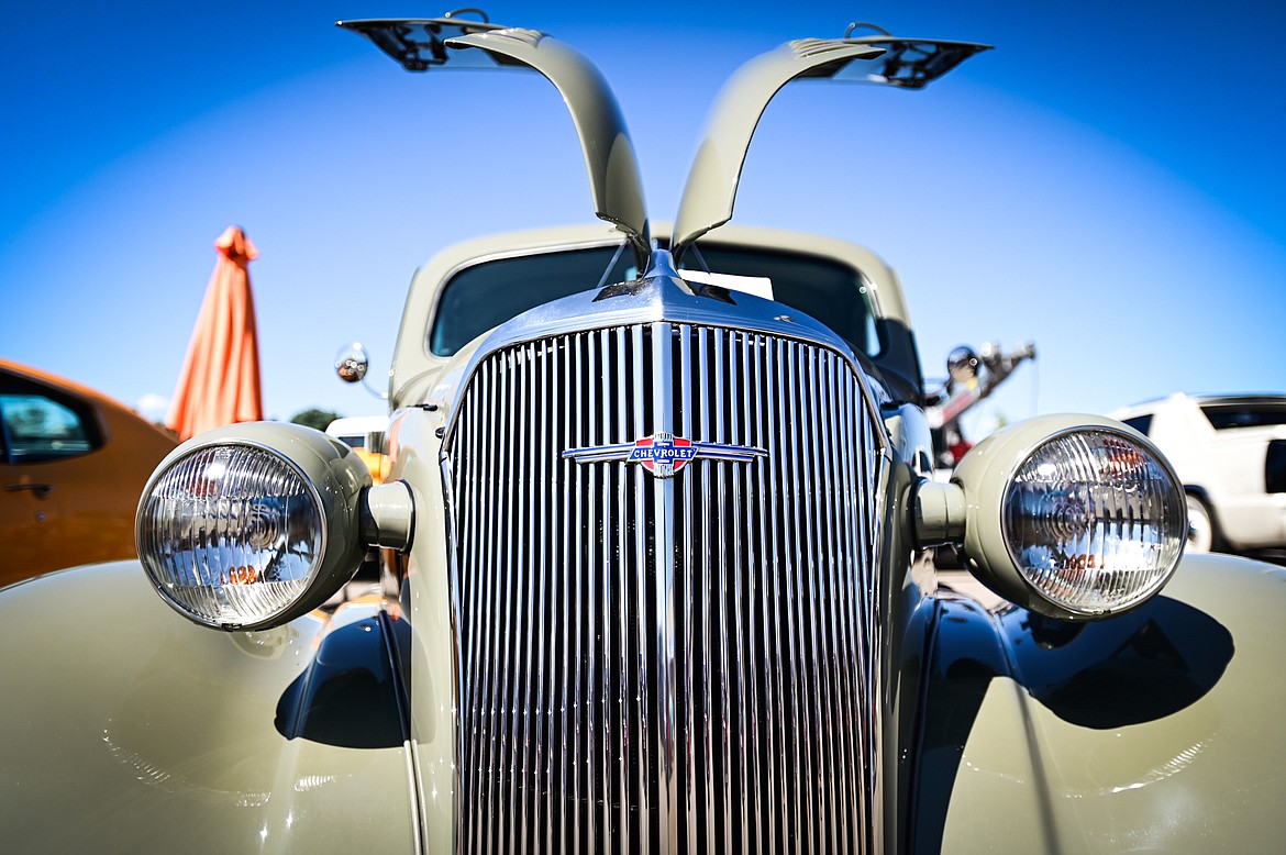 Front grill and headlights on a 1937 Chevy Master Deluxe Coupe owned by Bob and Barb Kelly of Kalispell at the Evergreen Show 'N Shine car show at Conlin's Furniture on Saturday, Aug. 6. (Casey Kreider/Daily Inter Lake)