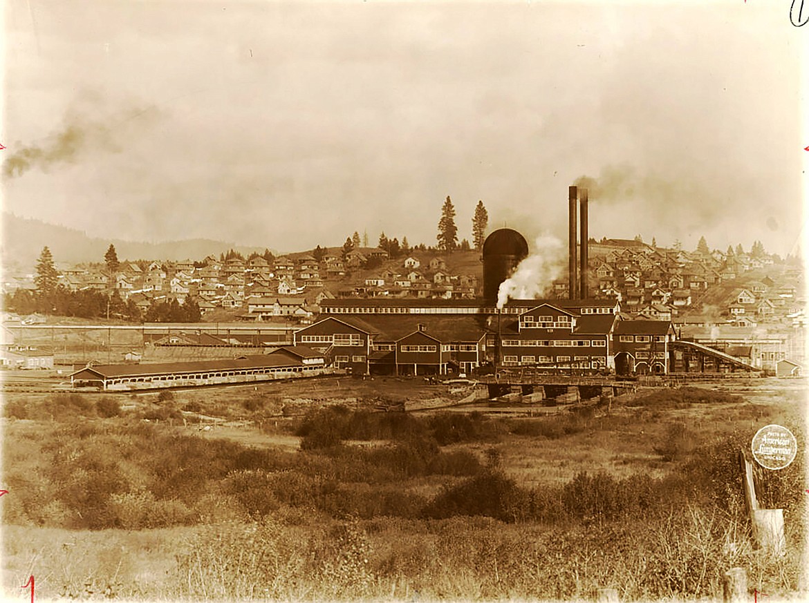 This photograph taken between Sept. 28 and Oct. 4, 1913, shows the Potlatch sawmill, with the town of Potlatch in the background.