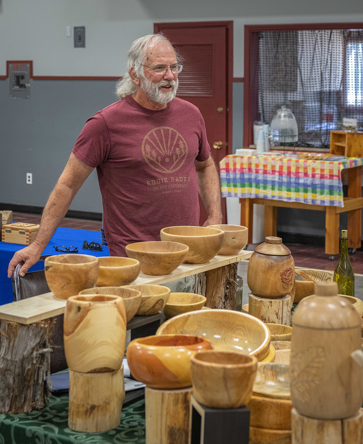 Woodworker Brad Stacey with his wooden bowl creations.