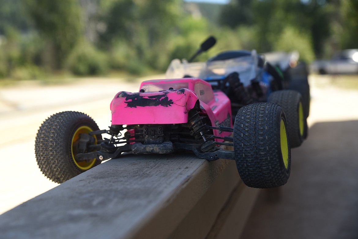 A remote control racer sits on a rail before a race at the Kootenai RC Racers Hot August Showdown on Sunday, Aug. 7 at the Cabinet Mountain RC Raceway. (Scott Shindledecker/The Western News)