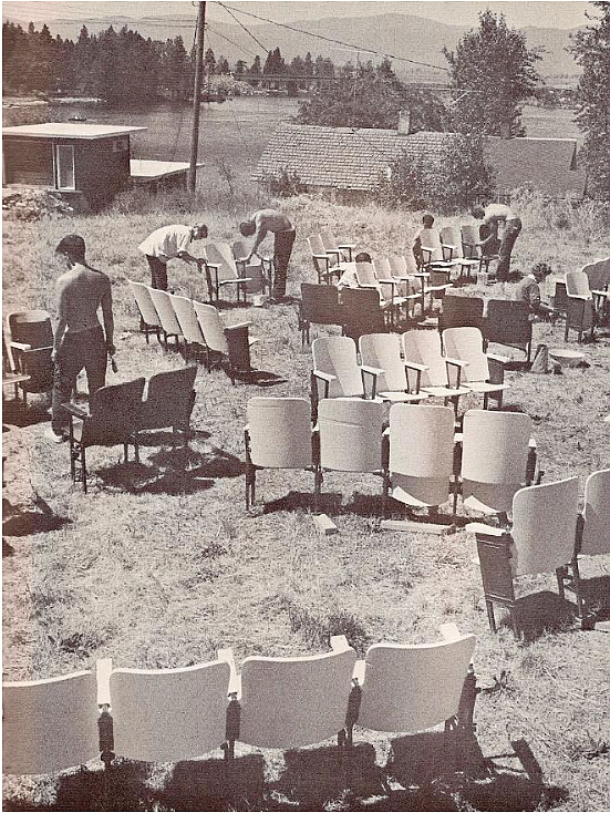 Playhouse cast members painting salvaged theater chairs to be installed in the new Bigfork Summer Playhouse in 1960. (Collection of Firman "Bo" Brown)
