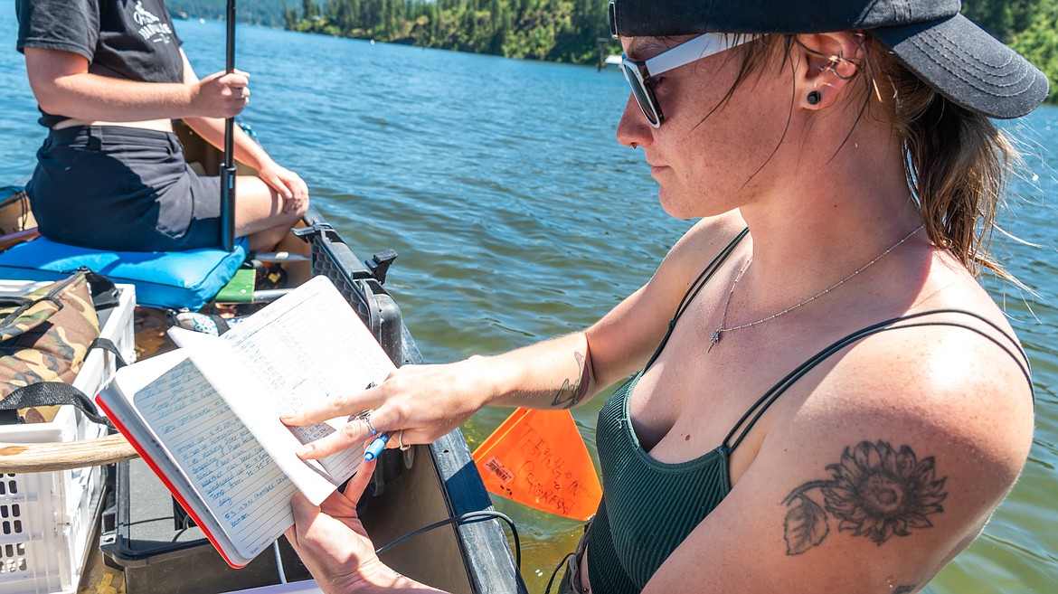 North Idaho College student Eryn Pierce reviews field notes while collecting water quality data for her INBRE internship in Loffs Bay on Lake Coeur d’Alene in July.