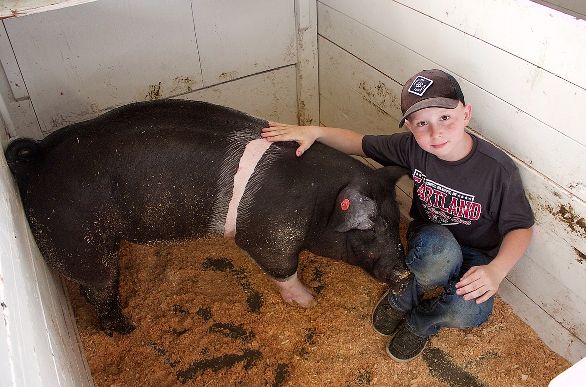 Dalton Regehr of Naples snuggles up to his belted barrow pig Arlo. The pair won two blue ribbons.