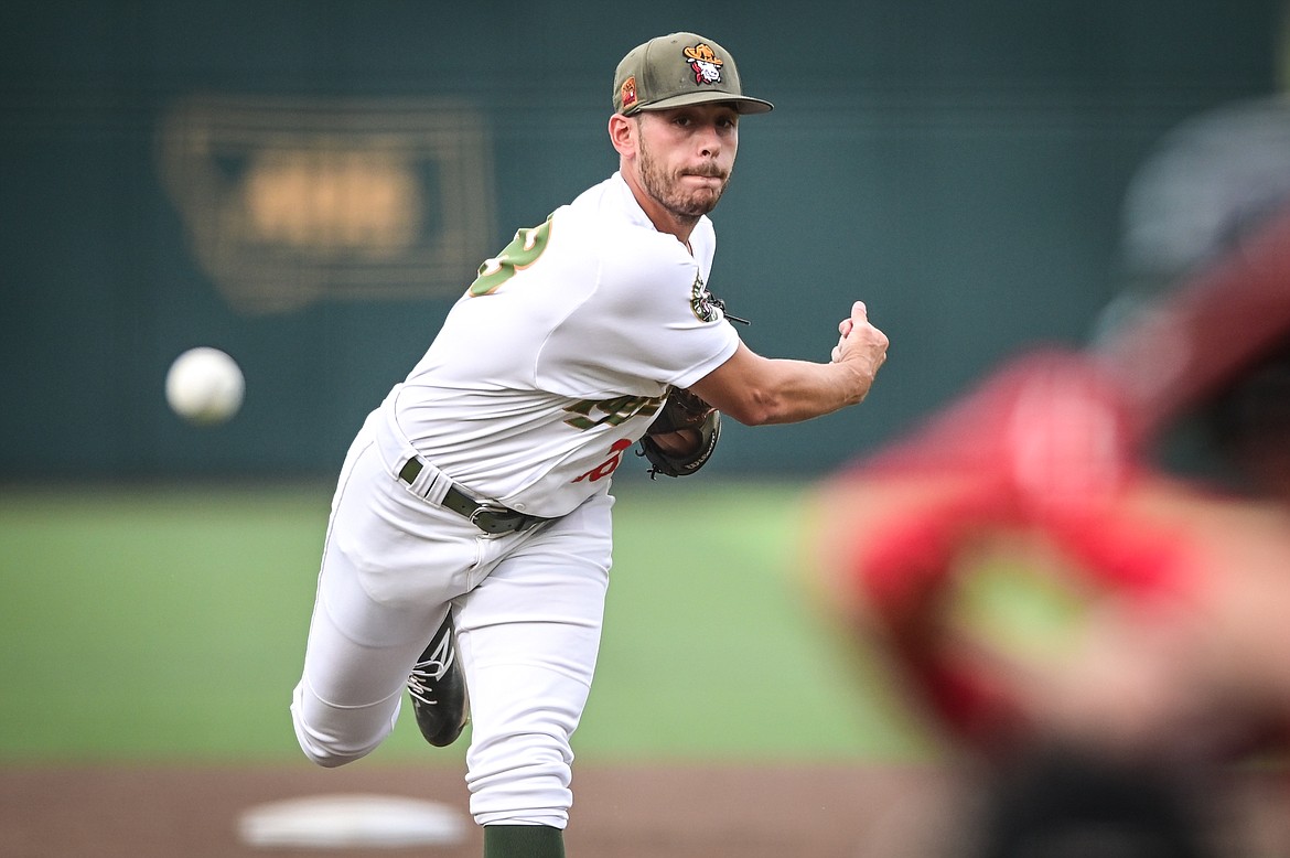 Glacier Range Riders starting pitcher Andrew Stout (28) delivers in the first inning against the Great Falls Voyagers at Flathead Field on Thursday, Aug. 11. (Casey Kreider/Daily Inter Lake)