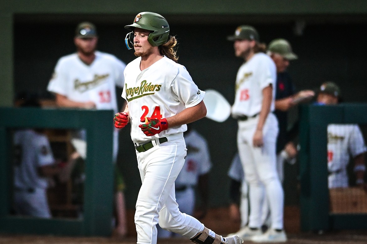 Glacier's Brody Wofford (24) circles the bases after a home run against the Great Falls Voyagers at Flathead Field on Thursday, Aug. 11. (Casey Kreider/Daily Inter Lake)