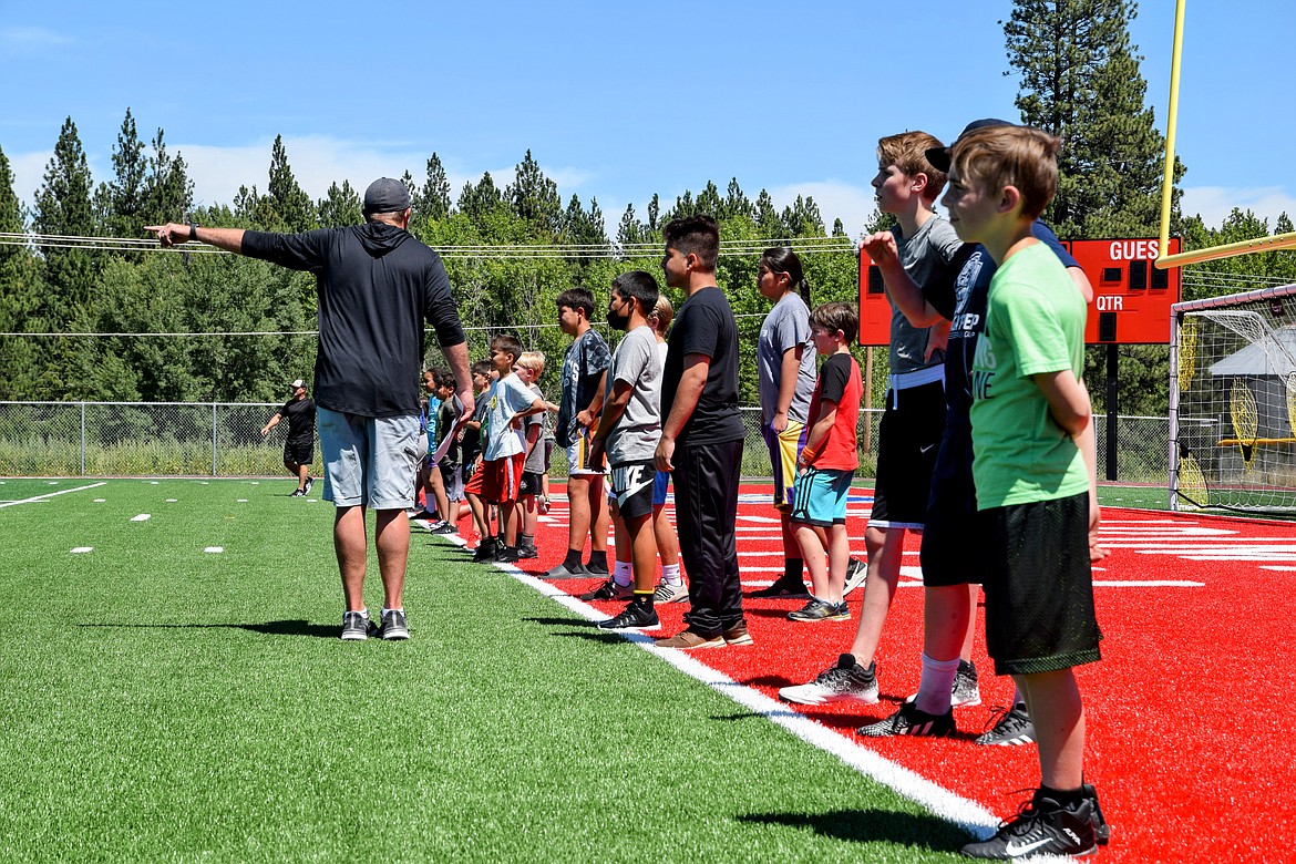 Kids line up to learn from the pros during the first football camp held at the Marimn Health Coeur Center. The camp was hosted by Coeur du Christ Academy.