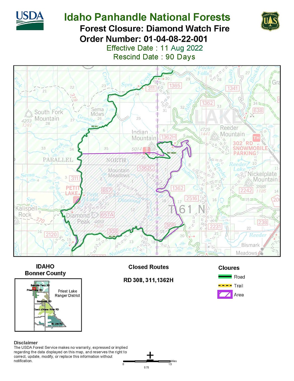 A map shows the roads and area near the Diamond Watch Fire that have been closed to allow crews to fight the fire safely.