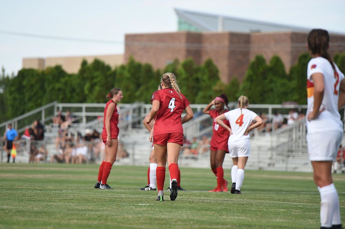 EWU’s Katrina Kupp jogs back with the rest of her team in the team’s exhibition match against the University of Calgary.