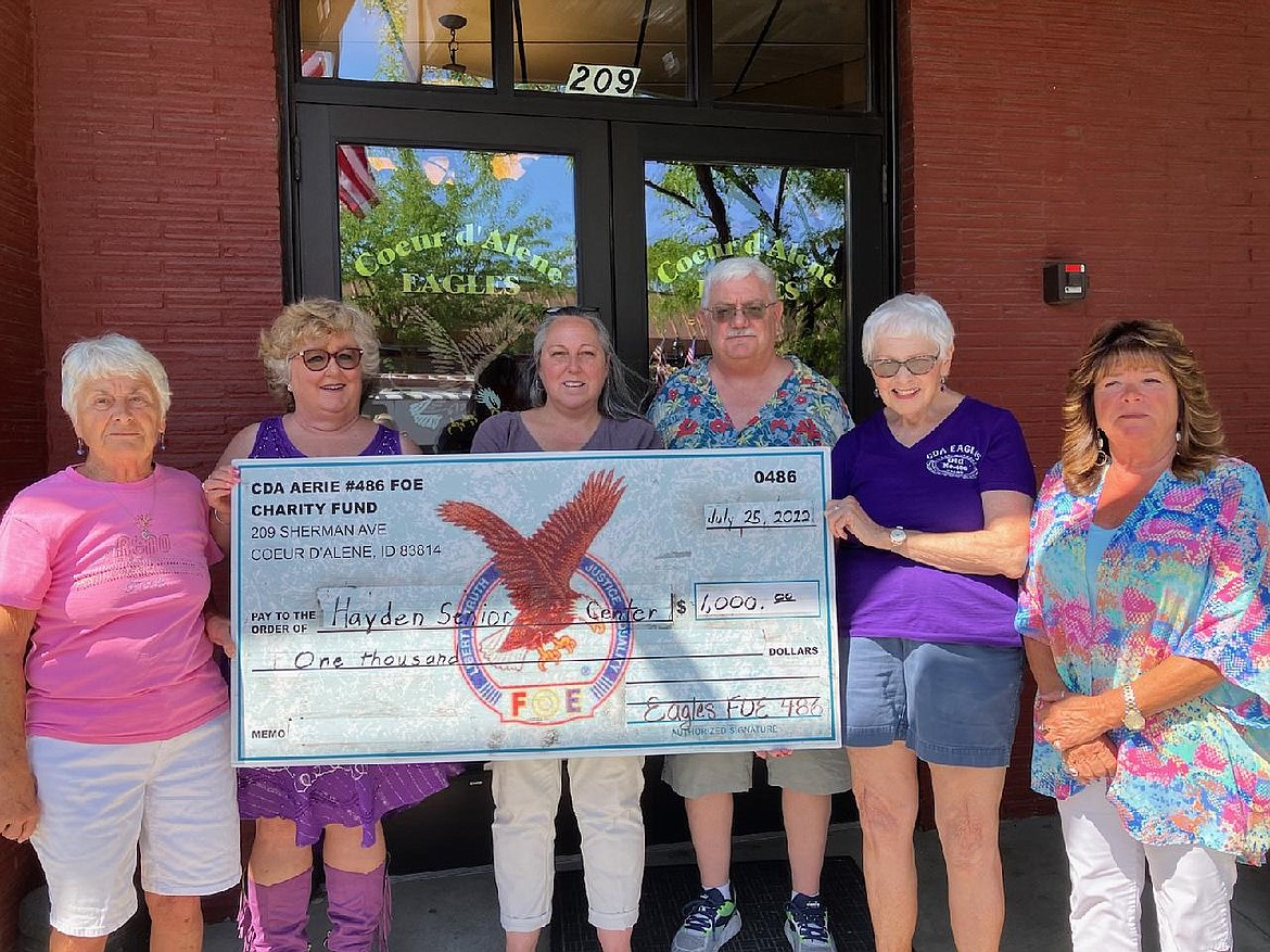 The Coeur d'Alene Eagles Aerie and Auxiliary donated $1,000 in the month of July to the Hayden Senior Center. From left: Julie Robinson, Coeur d'Alene Auxiliary Chaplain; Cathy  Hudson, Coeur d'Alene Auxiliary President;  Lisa Martin, Hayden  Senior Center Executive Director;  Scott Sutherland, Coeur d'Alene Aerie Secretary; Glenn Knepper, Coeur d'Alene Auxiliary Inner Guard; and Debbie Magnuson, Trustee.