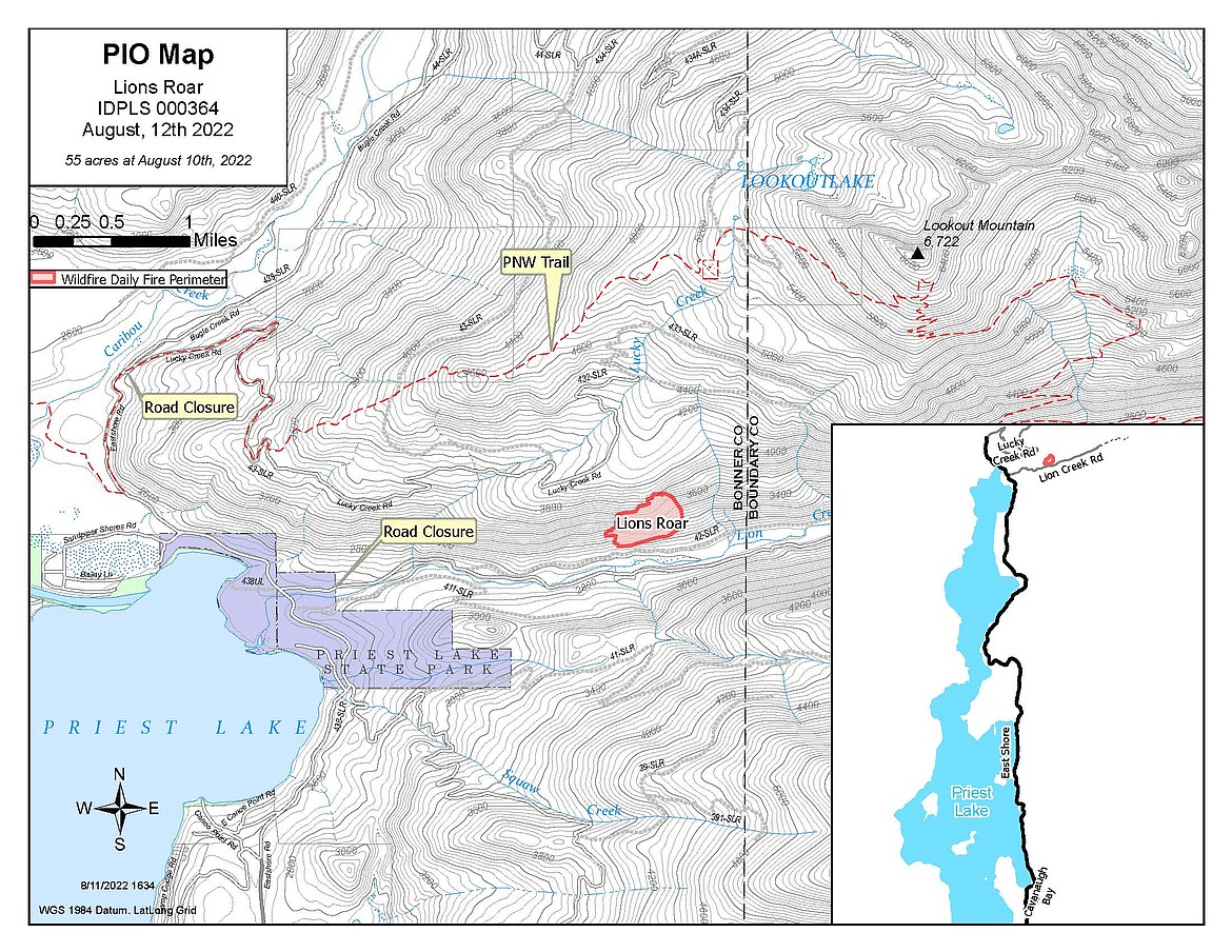 A map shows the location of the Lions Roar Fire, located in the Lion Creek Drainage at Priest Lake, east of Priest Lake State Park's Lionhead Unit.