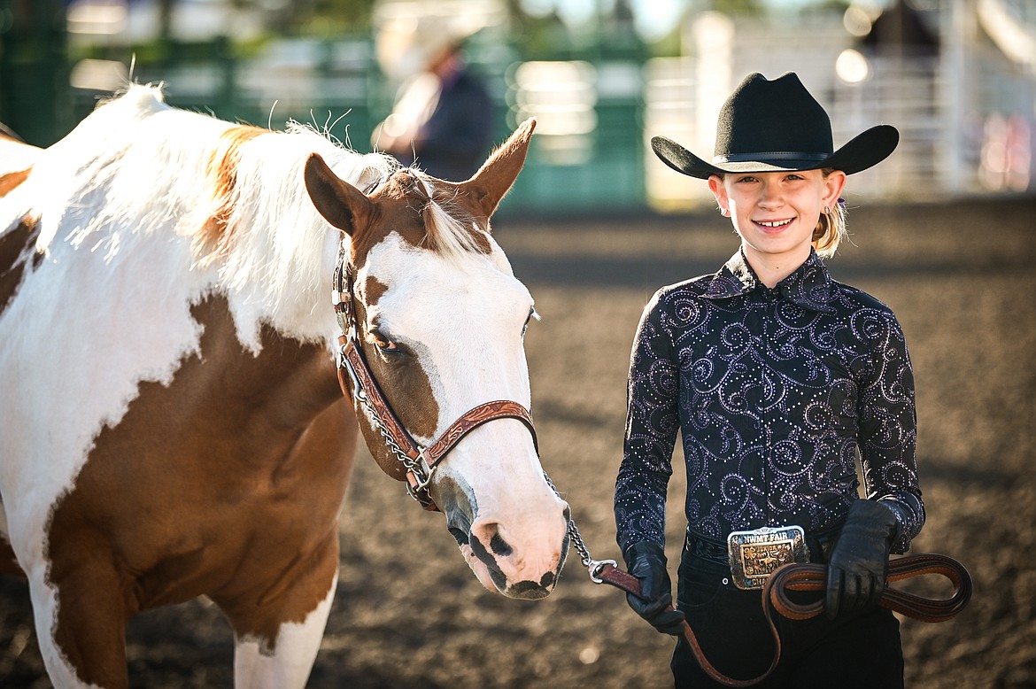Raya Gronley leads her horse through the pattern during junior level showmanship at the 4-H Horse Show at the Northwest Montana Fair on Saturday, Aug. 13. Gronley won grand champion in her division. (Casey Kreider/Daily Inter Lake)