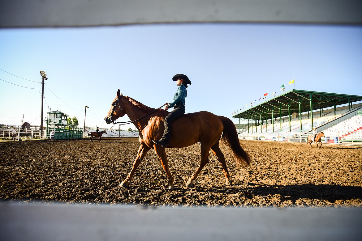 Anna Tretter lopes her horse around the arena during senior level bareback equitation at the 4-H Horse Show at the Northwest Montana Fair on Saturday, Aug. 13. (Casey Kreider/Daily Inter Lake)