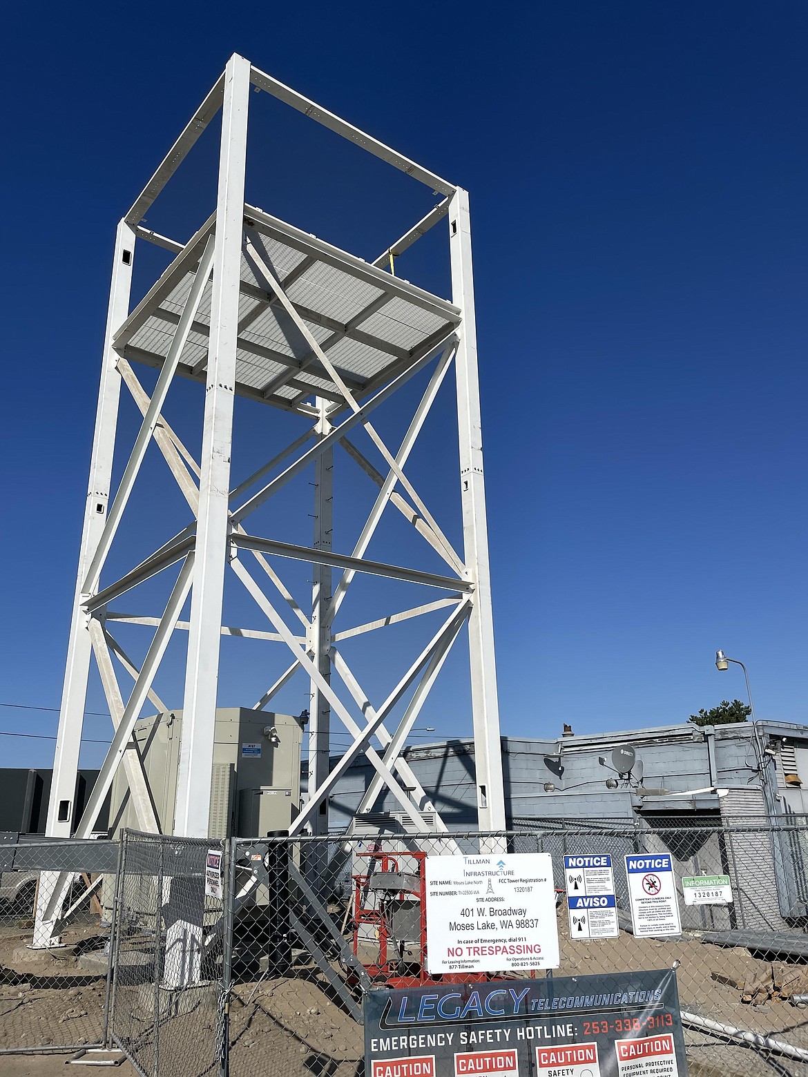 The new cell phone tower being built at 401 W. Broadway Ave. in Moses Lake. When completed, the tower itself will be around 60 feet tall once all the radio receivers, transmitters and antennae are put in place, according to a filing with the Federal Communications Commission.