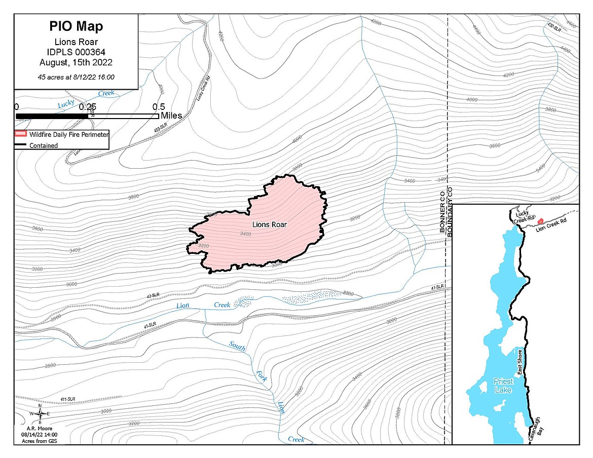 A map of the Lions Roar Fire boundaries. Located in the Lions Creek drainage east of the Priest Lake State Park Lions Head Unit entrance, the fire burned 45 acres before being 100% contained.