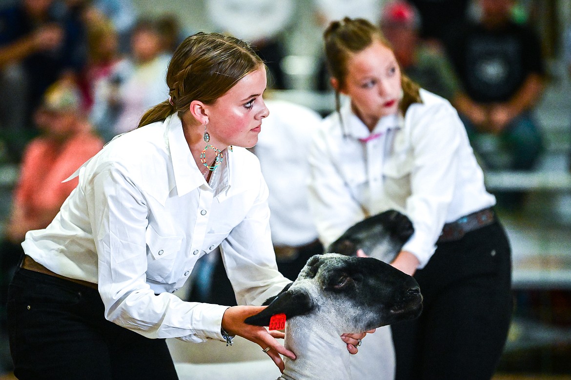 Mary Owens, left, and Laila Sargent position their sheep for judge Mari Morris during senior sheep showmanship at the Northwest Montana Fair on Tuesday, Aug. 16. (Casey Kreider/Daily Inter Lake)