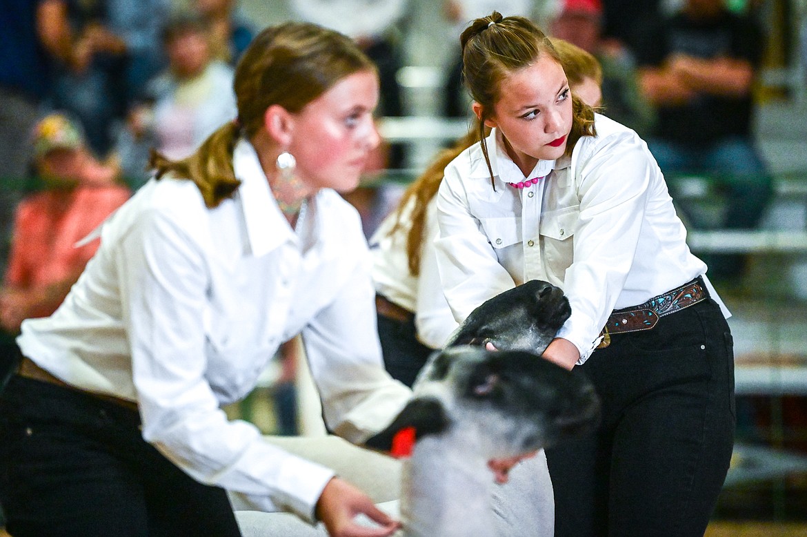 Laila Sargent, right, and Mary Owens position their sheep for judge Mari Morris during senior sheep showmanship at the Northwest Montana Fair on Tuesday, Aug. 16. (Casey Kreider/Daily Inter Lake)