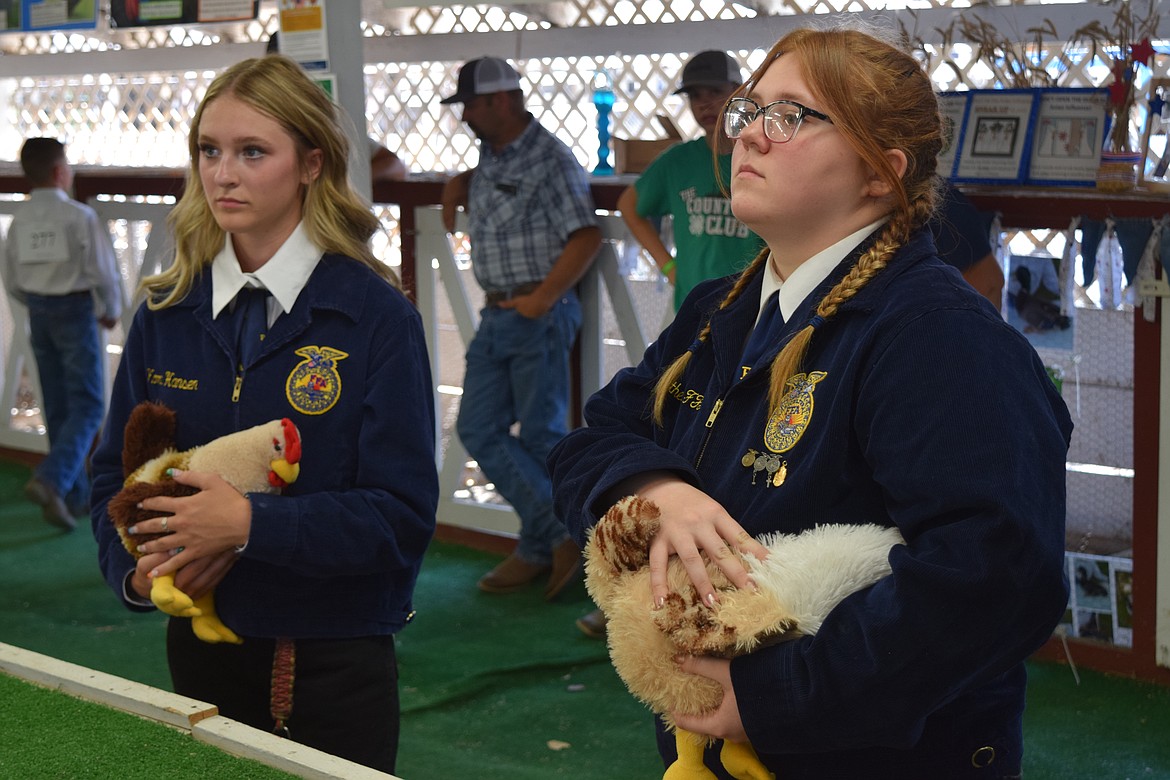 Paige Ball, left, and Jeslan Valdez demonstrate on stuffed birds how they would hold their chickens to poultry judge Emmett Wild during the first day of the 2022 Grant County Fair.