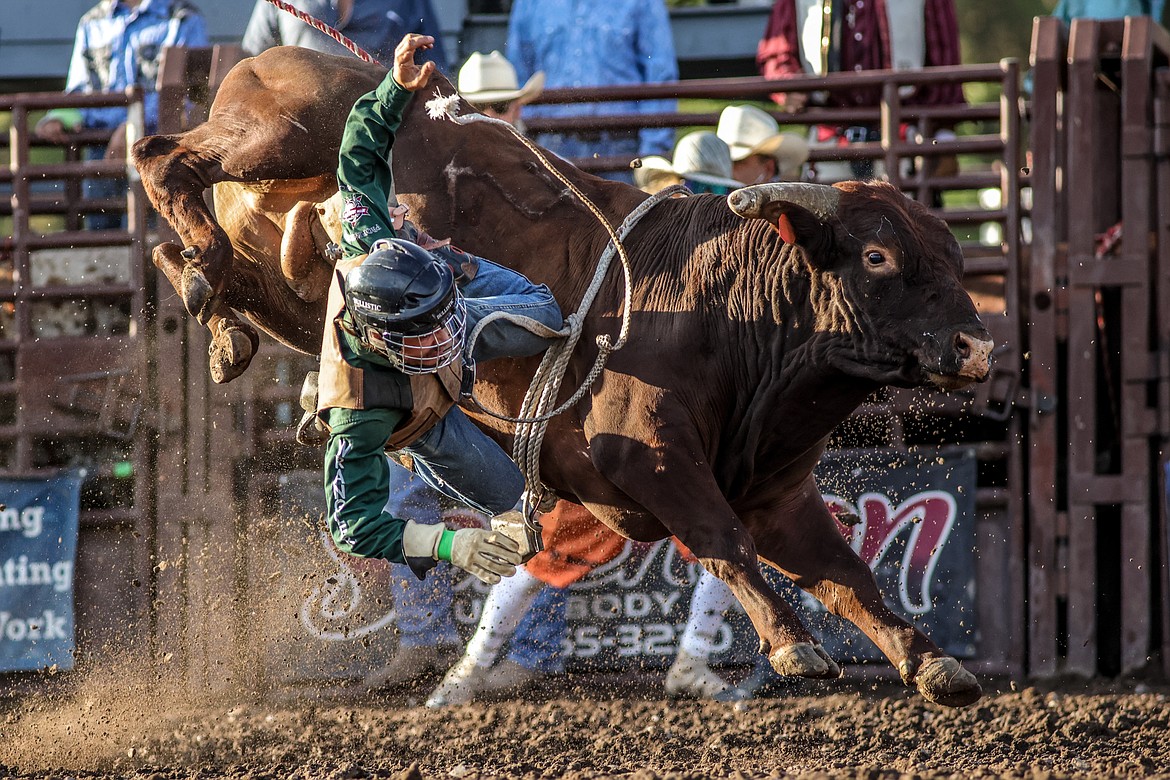 A bull rider is bucked at the Blue Moon on Fiday. (JP Edge photo)