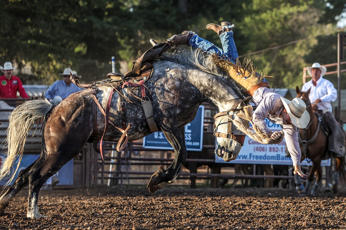 A saddle bronc rider is thrown from his steed at the Blue Moon. (JP Edge photo)