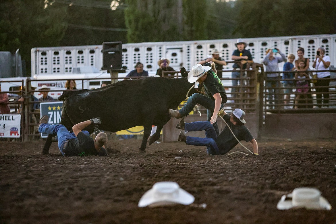 Contestants get rammed by a cow during the cow milking competition at the Blue Moon. (JP Edge photo)
