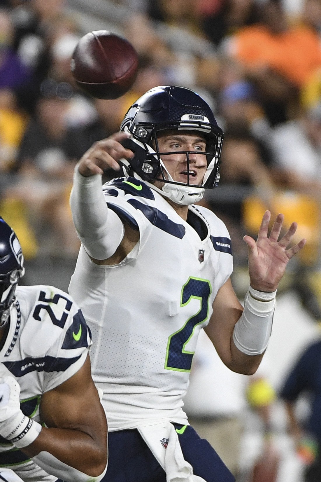 Seattle Seahawks quarterback Drew Lock (2) throws a pass against the Pittsburgh Steelers during the second half of an NFL preseason football game Saturday, Aug. 13, 2022, in Pittsburgh.