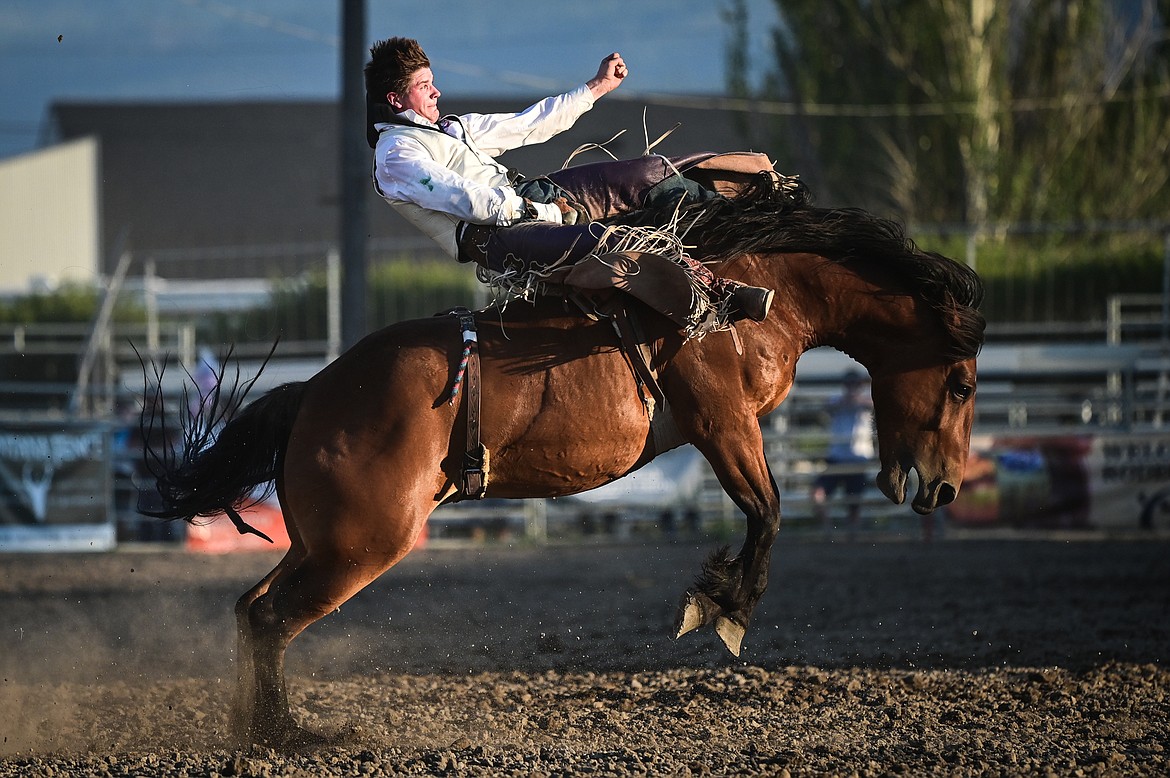 Kade Berry, from Weatherford, Texas, rides Good Times during bareback riding at the Northwest Montana Fair & Rodeo on Thursday, Aug. 18. (Casey Kreider/Daily Inter Lake)