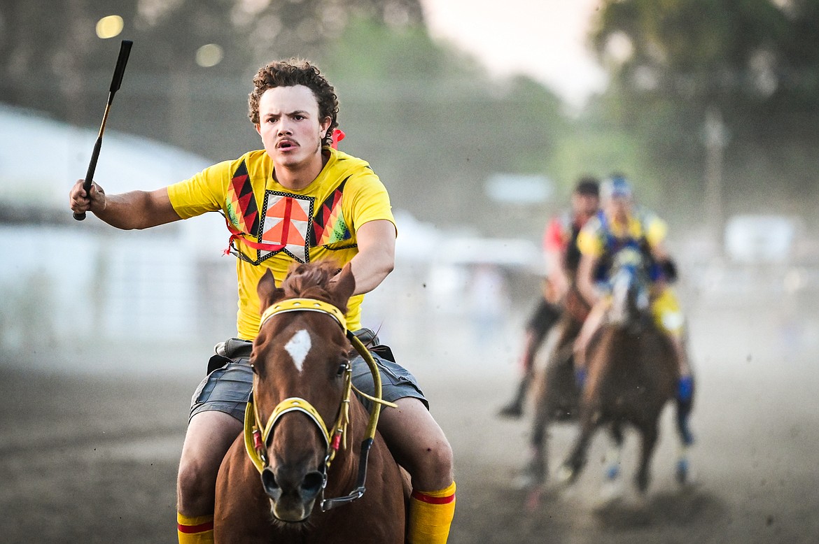 Riders compete in the men's Indian Relay Races at the Northwest Montana Fair & Rodeo on Thursday, Aug. 18. (Casey Kreider/Daily Inter Lake)