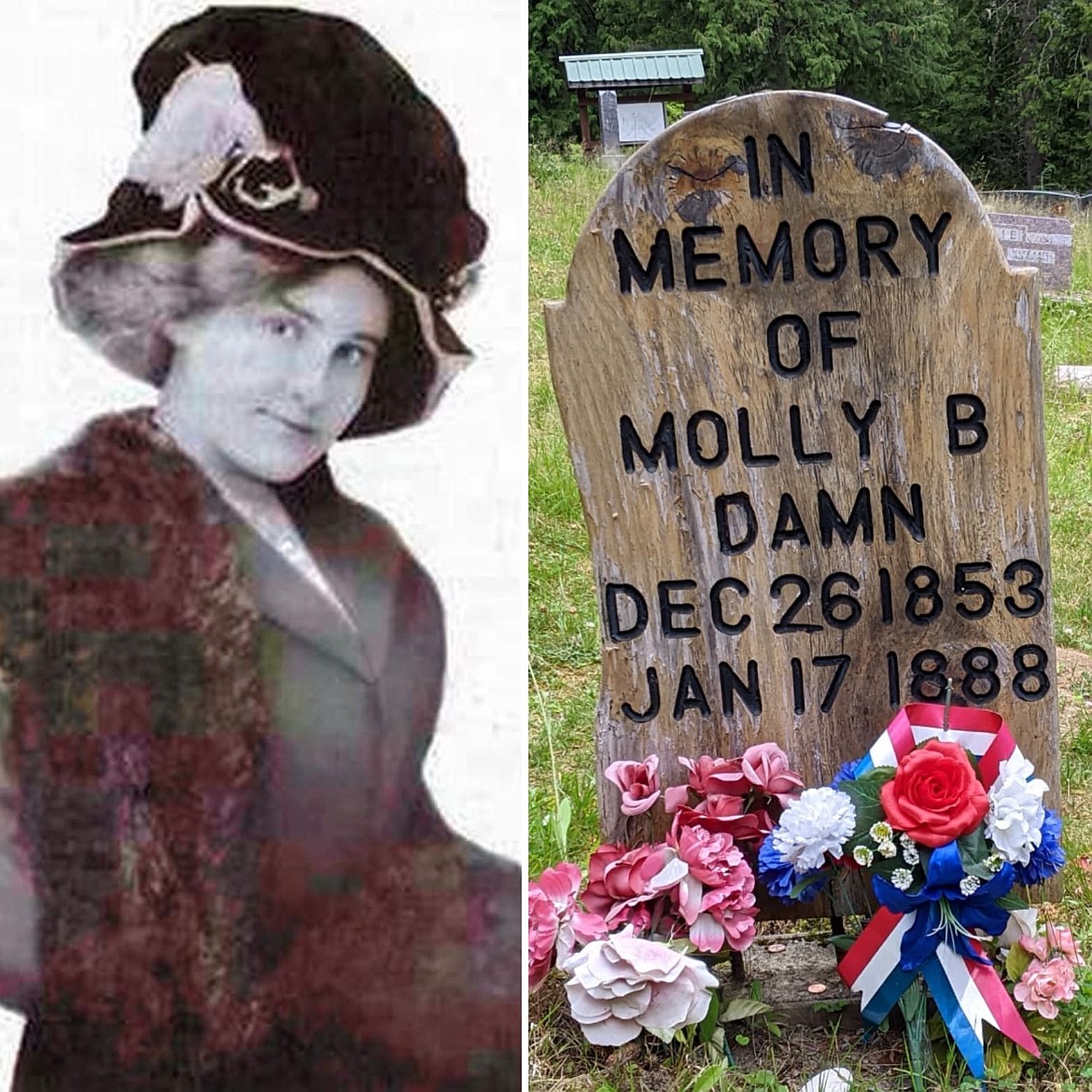 LEFT: The only known photo of Maggie Hall, a.k.a Molly B'Damn
RIGHT: The new headstone created for Molly B' Damn located at the G.A.R. Murray Cemetery