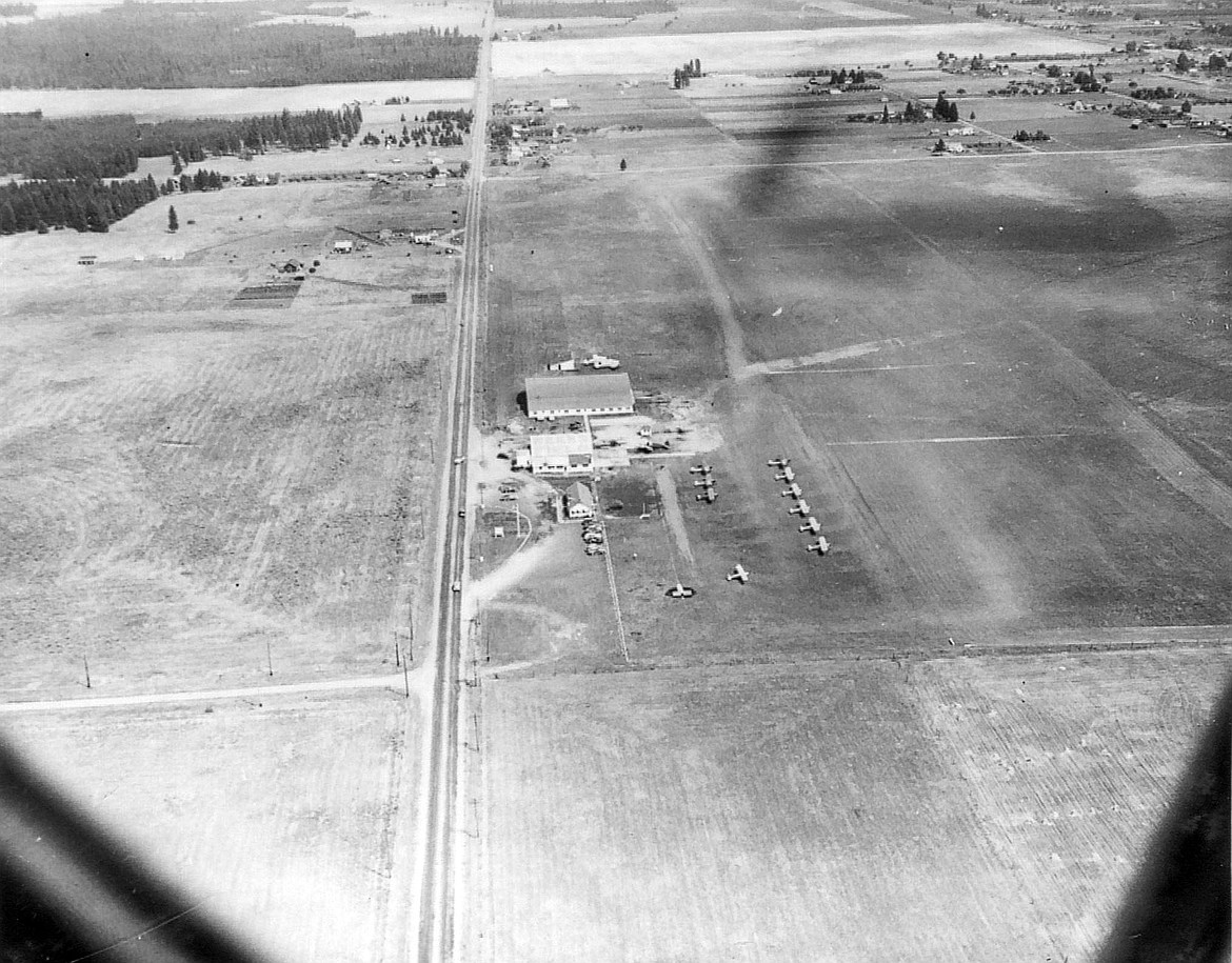 Looking north over Weeks Field in 1947. The large hanger is part of the
Kootenai County Fairgrounds.