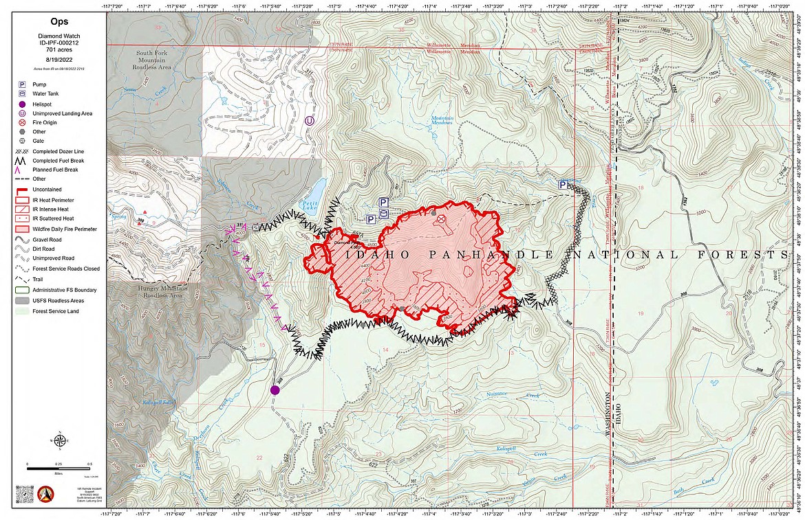 An infrared map shows the boundaries of the Diamond Watch Fire in Pend Oreille County, Wash.