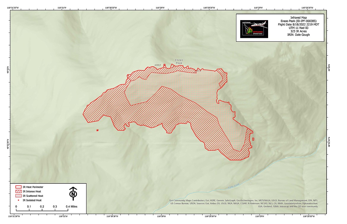 An infrared map shows the boundaries of the Eneas Peak Fire in Boundary County.