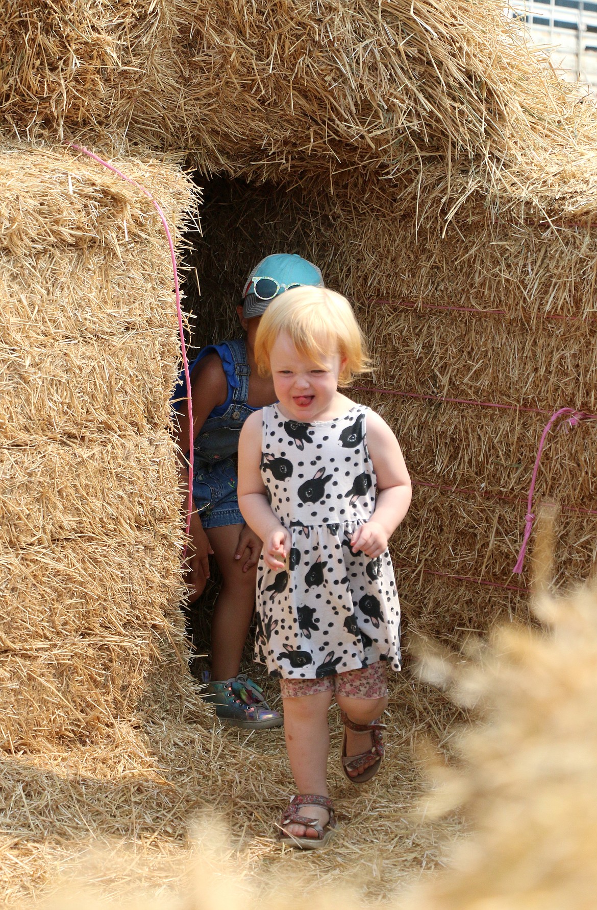 A young duo races through the tunnel of a hay maze created at the Bonner County Fair for the young and young at heart to play in.