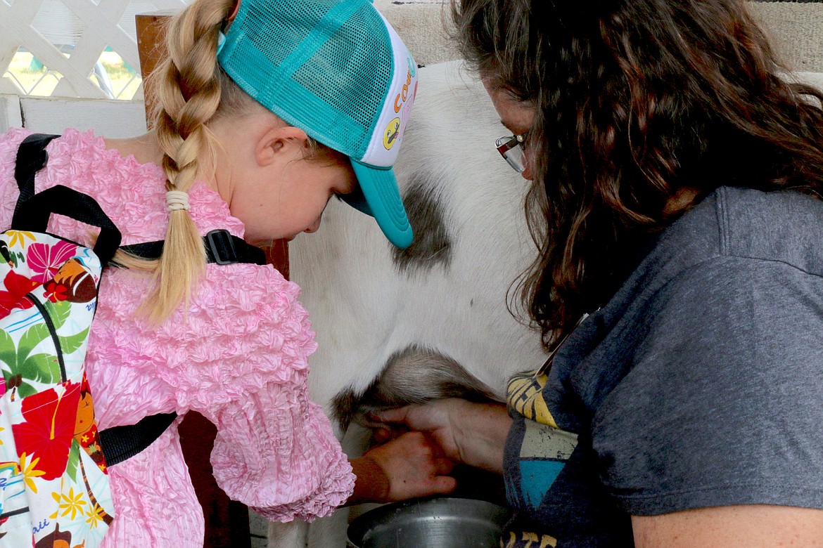 A youngster tries her hand at milking a goat with the assistance of Anita Palmer.