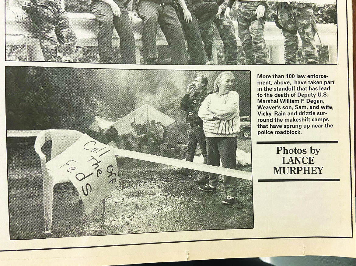 A photo of coverage of a 1992 standoff at Ruby Ridge, Idaho.