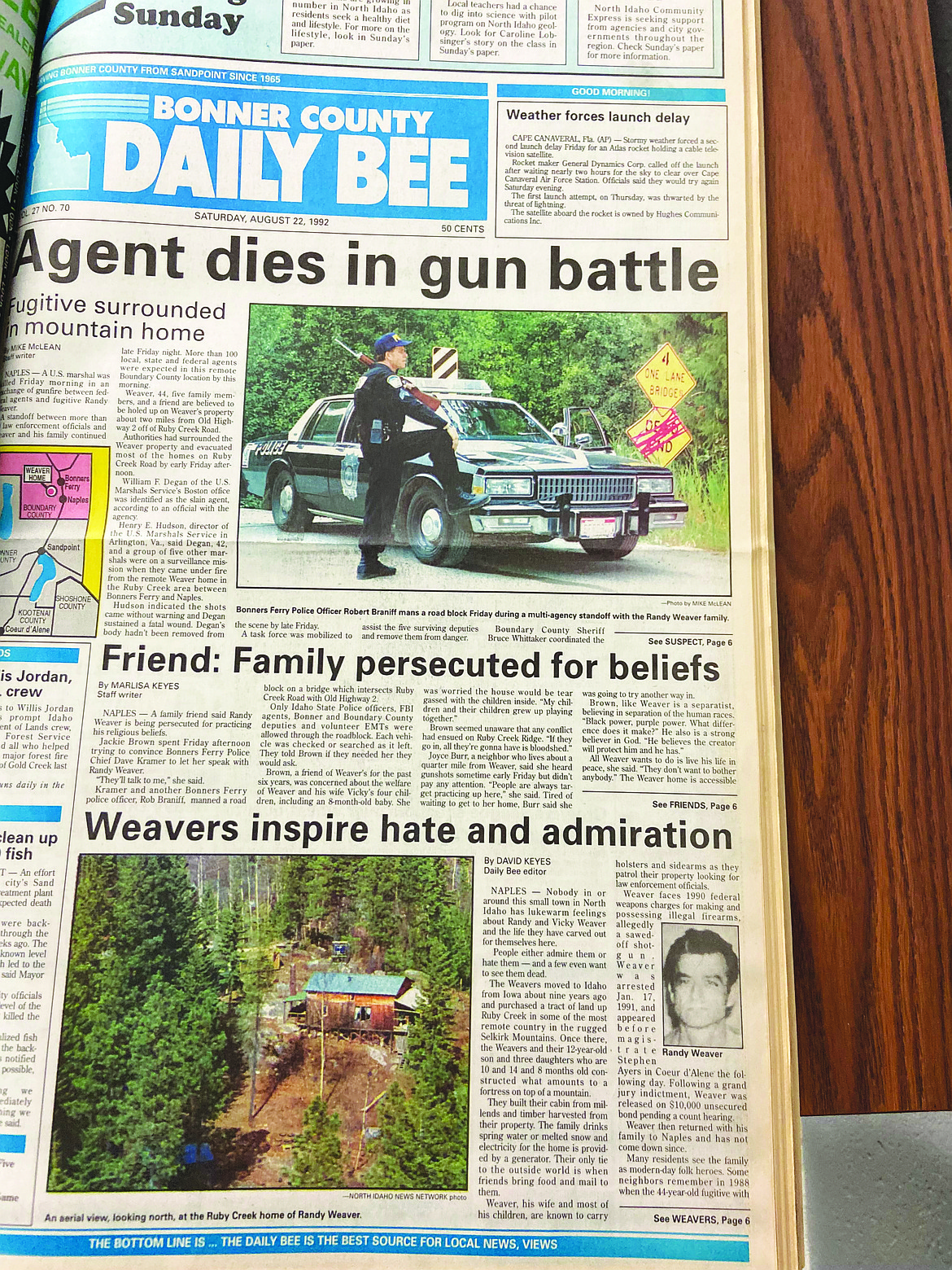 A photo of coverage of a 1992 standoff at Ruby Ridge, Idaho.