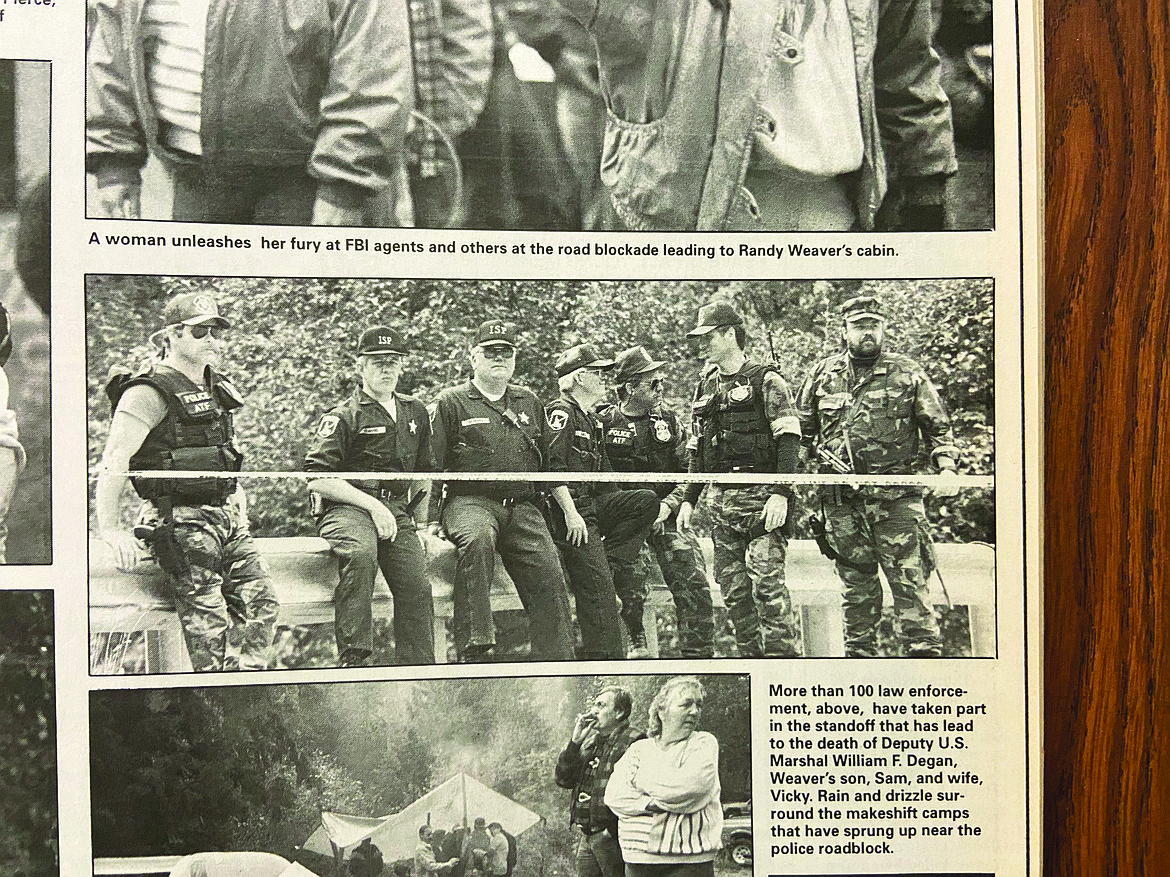 A photo of coverage of a 1992 standoff at Ruby Ridge, Idaho.