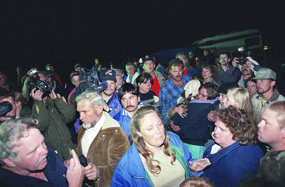 Supporters of Randy Weaver react after learning Weaver’s wife Vicki was killed more than a week ago in the initial gun battle with federal authorities which began a continuing standoff near Naples, Idaho, Aug. 29, 1992. Randy Weaver also lost a son in the shootout that killed a U.S. Marshal.
