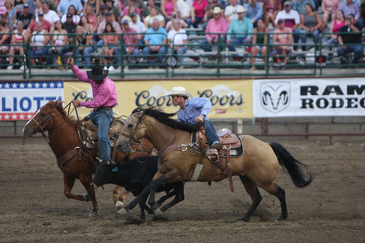 The steer wrestling event sees a rider and an assistant - called a hazer - chase down a steer before being wrestled to the ground.